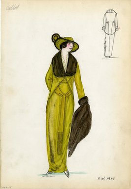 <em>"Suit, Callot Soeurs, Fall Winter 1914. Long chartreuse green dress, loose sash; matching chartreuse green jacket, large dark brown fur collar and cuffs; matching fur stole; chartreuse green wide brimmed hat, brown fur trim. (Bendel Collection, HB 009-25)"</em>, 1914. Fashion sketch, 12.25 x 8.5 in (31.1 x 21.6 cm). Brooklyn Museum, Fashion sketches. (Photo: Brooklyn Museum, SC01.1_Bendel_Collection_HB_009-25_1914_Callot_SL5.jpg