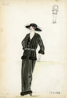 <em>"Suit, Poiret, Fall Winter 1914. Long black dress; open front belted jacket; skirt hem, jacket cuffs and edge trimmed in brown fur; wide brimmed black hat. (Bendel Collection, HB 009-26)"</em>, 1914. Fashion sketch, 12.25 x 8.5 in (31.1 x 21.6 cm). Brooklyn Museum, Fashion sketches. (Photo: Brooklyn Museum, SC01.1_Bendel_Collection_HB_009-26_1914_Poiret_SL5.jpg