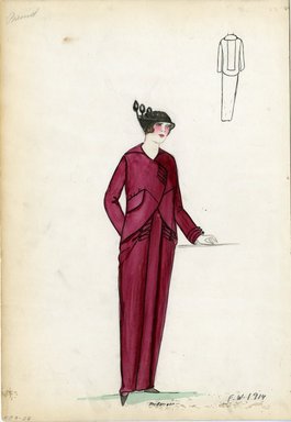 <em>"Suit, Primet, Fall Winter 1914. Long red dress; matching red jacket, curved front; decorative frogs on skirt and jacket; small black hat with brim, feathers. (Bendel Collection, HB 009-27)"</em>, 1914. Fashion sketch, 12.25 x 8.5 in (31.1 x 21.6 cm). Brooklyn Museum, Fashion sketches. (Photo: Brooklyn Museum, SC01.1_Bendel_Collection_HB_009-27_1914_Primet_SL5.jpg