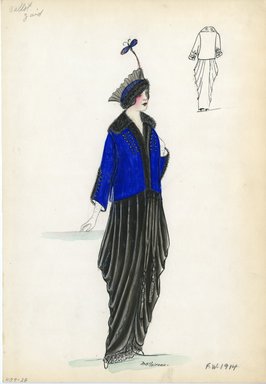 <em>"Suit, Callot Soeurs, 'Zerid', Fall Winter 1914. Long grey dress, gathered skirt, long black tassels; short military style dark blue jacket, grey fur collar, grey fur trim down front and on sleeves; rows of decorative frogs on jacket front and sleeves; blue hat, grey fur trim, stand up black veil, butterfly. (Bendel Collection, HB 009-28)"</em>, 1914. Fashion sketch, 12.25 x 8.5 in (31.1 x 21.6 cm). Brooklyn Museum, Fashion sketches. (Photo: Brooklyn Museum, SC01.1_Bendel_Collection_HB_009-28_1914_Callot_SL5.jpg