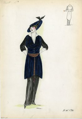 <em>"Suit, Primet, Fall Winter 1914. Long black skirt; 3/4 length midnight blue jacket, decorative sash below waist and tassel in red, black and gold; white blouse, pointed collar; midnight blue hat, wide brim, black ribbon. (Bendel Collection, HB 009-29)"</em>, 1914. Fashion sketch, 12.25 x 8.5 in (31.1 x 21.6 cm). Brooklyn Museum, Fashion sketches. (Photo: Brooklyn Museum, SC01.1_Bendel_Collection_HB_009-29_1914_Primet_SL5.jpg