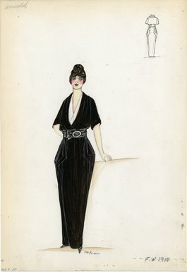 <em>"Dress, Arnold, Fall Winter 1914. Long black dress, drape at hips; open bodice, white inserts, wide black belt.  (Bendel Collection, HB 009-30)"</em>, 1914. Fashion sketch, 12.25 x 8.5 in (31.1 x 21.6 cm). Brooklyn Museum, Fashion sketches. (Photo: Brooklyn Museum, SC01.1_Bendel_Collection_HB_009-30_1914_Arnold_SL5.jpg