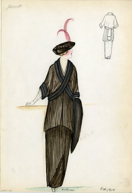 <em>"Suit, Doucet, Fall Winter 1914. Long brown pleated dress; matching brown short jacket, dolman sleeves, fur trimmed cuffs and jacket front ; brown hat, red feathers; fur stole. (Bendel Collection, HB 009-31)"</em>, 1914. Fashion sketch, 12.25 x 8.5 in (31.1 x 21.6 cm). Brooklyn Museum, Fashion sketches. (Photo: Brooklyn Museum, SC01.1_Bendel_Collection_HB_009-31_1914_Doucet_SL5.jpg