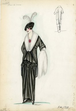 <em>"Suit, Callot Soeurs, 'Raim de Vaue', Fall Winter 1914. Long black dress gathered at hip with sash; black and white cut-away coat, white fur shawl collar; matching white fur stole; black hat, white feathers. (Bendel Collection, HB 009-32)"</em>, 1914. Fashion sketch, 12.25 x 8.5 in (31.1 x 21.6 cm). Brooklyn Museum, Fashion sketches. (Photo: Brooklyn Museum, SC01.1_Bendel_Collection_HB_009-32_1914_Callot_SL5.jpg