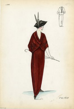 <em>"Suit, Callot Soeurs, Fall Winter 1914. Long red dress; short matching red jacket, elbow length sleeves; decorative frog closures on jacket and skirt; black hat, turned up brim, grey feathers; parasol. (Bendel Collection, HB 009-33)"</em>, 1914. Fashion sketch, 12.25 x 8.5 in (31.1 x 21.6 cm). Brooklyn Museum, Fashion sketches. (Photo: Brooklyn Museum, SC01.1_Bendel_Collection_HB_009-33_1914_Callot_SL5.jpg