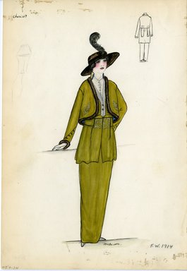 <em>"Suit, Cheruit, Fall Winter 1914. Long chartreuse green dress; short chartreuse green matching jacket, brown fur trimmed jacket and cuffs; brown hat, wide brim, black feather. (Bendel Collection, HB 009-34)"</em>, 1914. Fashion sketch, 12.25 x 8.5 in (31.1 x 21.6 cm). Brooklyn Museum, Fashion sketches. (Photo: Brooklyn Museum, SC01.1_Bendel_Collection_HB_009-34_1914_Cheruit_SL5.jpg