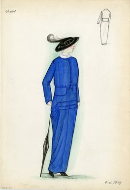 <em>"Coat, Cheruit, Fall Winter 1914. Long blue coat, wide attached belt, buttoned at top; white collar; black hat, wide brim, feather, veil; black parasol. (Bendel Collection, HB 009-35)"</em>, 1914. Fashion sketch, 12.25 x 8.5 in (31.1 x 21.6 cm). Brooklyn Museum, Fashion sketches. (Photo: Brooklyn Museum, SC01.1_Bendel_Collection_HB_009-35_1914_Cheruit_SL5.jpg