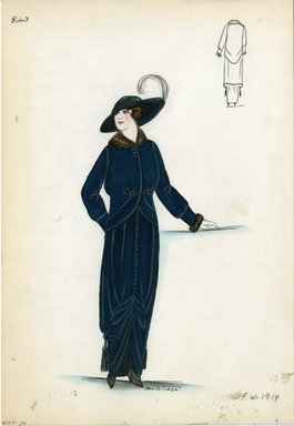 <em>"Suit, Robert, Fall Winter 1914. Long dark green dress, gathered skirt, row of buttons down center front, tassels; matching dark green fitted jacket, dark brown fur collar and cuffs; dark greenhat, wide brim, feather. (Bendel Collection, HB 009-36)"</em>, 1914. Fashion sketch, 12.25 x 8.5 in (31.1 x 21.6 cm). Brooklyn Museum, Fashion sketches. (Photo: Brooklyn Museum, SC01.1_Bendel_Collection_HB_009-36_1914_Robert_SL5.jpg