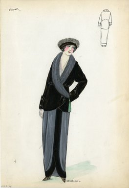 <em>"Suit, Poiret, 1914. Long grey skirt, dark brown trim down center front and hem; dark brown wrap jacket, grey fur shawl collar, large brown buttons on cuffs and front; green tassel on jacket; dark brown headband, grey trim. (Bendel Collection, HB 009-37)"</em>, 1914. Fashion sketch, 12.25 x 8.5 in (31.1 x 21.6 cm). Brooklyn Museum, Fashion sketches. (Photo: Brooklyn Museum, SC01.1_Bendel_Collection_HB_009-37_1914_Poiret_SL5.jpg