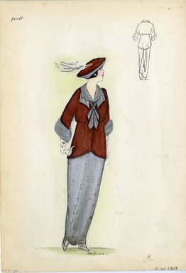 <em>"Suit, Poiret, Fall Winter 1914. Long grey dress; hip-length brown jacket gathered under bustline, wide grey fur cuffs, grey dress collar;  brown and grey hat, grey feather. (Bendel Collection, HB 009-38)"</em>, 1914. Fashion sketch, 12.25 x 8.5 in (31.1 x 21.6 cm). Brooklyn Museum, Fashion sketches. (Photo: Brooklyn Museum, SC01.1_Bendel_Collection_HB_009-38_1914_Poiret_SL5.jpg