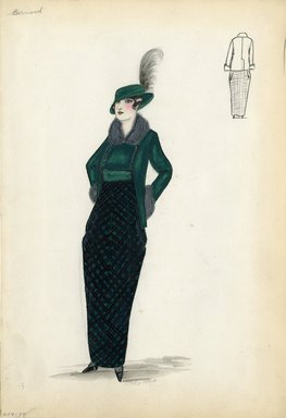 <em>"Suit, Bernard. Long green and black plaid dress; short green jacket, grey fur collar and cuffs, two rows of buttons; green hat, grey feather. (Bendel Collection, HB 009-39)"</em>, 1914. Fashion sketch, 12.25 x 8.5 in (31.1 x 21.6 cm). Brooklyn Museum, Fashion sketches. (Photo: Brooklyn Museum, SC01.1_Bendel_Collection_HB_009-39_1914_Bernard_SL5.jpg