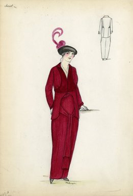 <em>"Suit, Cheruit, 1914. Long red dress with loose sash and matching jacket; black hat with curling red feathers. (Bendel Collection, HB 009-40)"</em>, 1914. Fashion sketch, 12.25 x 8.5 in (31.1 x 21.6 cm). Brooklyn Museum, Fashion sketches. (Photo: Brooklyn Museum, SC01.1_Bendel_Collection_HB_009-40_1914_Cheruit_SL5.jpg