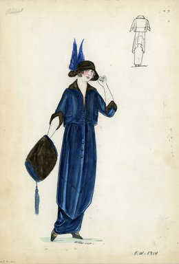 <em>"Suit, Primet, 1914. Long blue dress with matching short jacket; jacket trimmed with dark brown fur pointed collar and cuffs; matching fur muff and hat with blue trim. (Bendel Collection, HB 009-41)"</em>, 1914. Fashion sketch, 12.25 x 8.5 in (31.1 x 21.6 cm). Brooklyn Museum, Fashion sketches. (Photo: Brooklyn Museum, SC01.1_Bendel_Collection_HB_009-41_1914_Primet_SL5.jpg