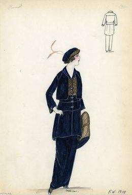 <em>"Suit, Primet, 1914. Long midnight blue skirt with short cropped jacket; short overskirt in midnight blue with brown blouse; large buttons down center front; small midnight blue beret with turned up brown brim; large muff in brown lined in blue.  (Bendel Collection, HB 009-42)"</em>, 1914. Fashion sketch, 12.25 x 8.5 in (31.1 x 21.6 cm). Brooklyn Museum, Fashion sketches. (Photo: Brooklyn Museum, SC01.1_Bendel_Collection_HB_009-42_1914_Primet_SL5.jpg