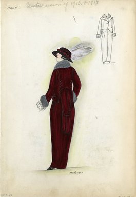 <em>"Suit, Primet, Winter season 1913 & 1914. Long maroon dress with short matching jacket; jacket with grey fur collar and cuffs; wide brimmed maroon hat with hatband of roses and feather. (Bendel Collection, HB 009-43)"</em>, 1914. Fashion sketch, 12.25 x 8.5 in (31.1 x 21.6 cm). Brooklyn Museum, Fashion sketches. (Photo: Brooklyn Museum, SC01.1_Bendel_Collection_HB_009-43_1914_Primet_SL5.jpg