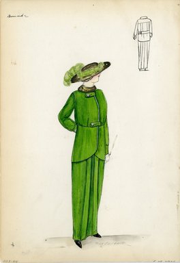 <em>"Suit, Bernard, 1914. Long green skirt with long matching jacket; two large buttons with tabs at collar and waist and brown fur collar; wide brimmed brown hat with green feathers. (Bendel Collection, HB 009-44)"</em>, 1914. Fashion sketch, 12.25 x 8.5 in (31.1 x 21.6 cm). Brooklyn Museum, Fashion sketches. (Photo: Brooklyn Museum, SC01.1_Bendel_Collection_HB_009-44_1914_Bernard_SL5.jpg