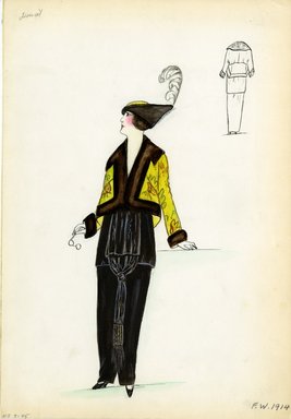 <em>"Day dress and jacket, Doucet, 1914. Long black dress with center panel and vertical knotted sash; short chartreuse green jacket trimmed in dark brown fur with Chinoiserie-inspired design; conical-shaped black hat with tall feather. (Bendel Collection, HB 009-45)"</em>, 1914. Fashion sketch, 12.25 x 8.5 in (31.1 x 21.6 cm). Brooklyn Museum, Fashion sketches. (Photo: Brooklyn Museum, SC01.1_Bendel_Collection_HB_009-45_1914_Doucet_SL5.jpg