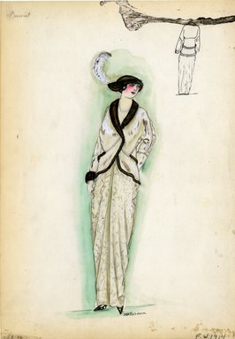 <em>"Suit, Primet, 1914. Long white dress with figured fabric design; fitted white jacket with shawl collar trimmed in dark brown fur; dark brown fur hat with long feather. (Bendel Collection, HB 009-46)"</em>, 1914. Fashion sketch, 12.25 x 8.5 in (31.1 x 21.6 cm). Brooklyn Museum, Fashion sketches. (Photo: Brooklyn Museum, SC01.1_Bendel_Collection_HB_009-46_1914_Primet_SL5.jpg