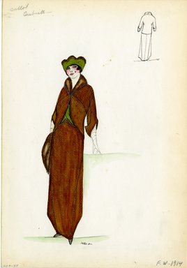 <em>"Suit, Callot Soeurs, 'Cubiste', 1914. Long brown dress and matching jacket with dark brown fur collar; short open jacket with princess seams and 3/4 length sleeves, green hat with turned up brim trimmed in dark brown fur; fur wrap. (Bendel Collection, HB 009-47)"</em>, 1914. Fashion sketch, 12.25 x 8.5 in (31.1 x 21.6 cm). Brooklyn Museum, Fashion sketches. (Photo: Brooklyn Museum, SC01.1_Bendel_Collection_HB_009-47_1914_Callot_SL5.jpg