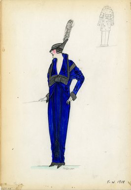 <em>"Suit, 1914. Long blue dress with grey trim at hem and knotted black tassel; matching short blue jacket with wide exaggerated collar trimmed in grey and large grey bow; jacket fabric has floral design in black; grey hat with tall feather. (Bendel Collection, HB 009-48)"</em>, 1914. Fashion sketch, 12.25 x 8.5 in (31.1 x 21.6 cm). Brooklyn Museum, Fashion sketches. (Photo: Brooklyn Museum, SC01.1_Bendel_Collection_HB_009-48_1914_SL5.jpg