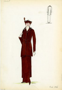 <em>"Suit, Cheruit, 1914. Long brown skirt with matching mid-thigh length jacket; jacket has fitted waist with fur collar and patch pockets; brown hat with turned up brim trimmed with brown fur. (Bendel Collection, HB 009-49)"</em>, 1914. Fashion sketch, 12.25 x 8.5 in (31.1 x 21.6 cm). Brooklyn Museum, Fashion sketches. (Photo: Brooklyn Museum, SC01.1_Bendel_Collection_HB_009-49_1914_Cheruit_SL5.jpg