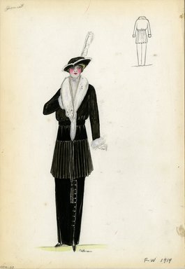 <em>"Suit, Doucet, 1914. Long black straight skirt with off-center vertical row of buttons; matching black jacket with gathered skirt and black belt; white fox stole and cuffs; black hat trimmed in white. (Bendel Collection, HB 009-50)"</em>, 1914. Fashion sketch, 12.25 x 8.5 in (31.1 x 21.6 cm). Brooklyn Museum, Fashion sketches. (Photo: Brooklyn Museum, SC01.1_Bendel_Collection_HB_009-50_1914_Doucet_SL5.jpg