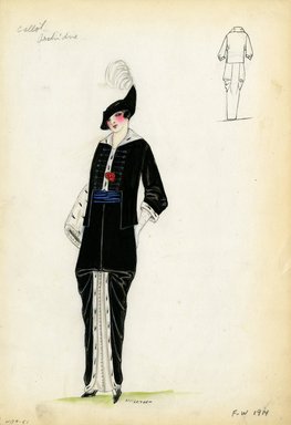 <em>"Suit, Callot Soeurs, 'Archidne', 1914. Long gathered black skirt with white insert panel trimmed in white ermine; military-style matching black jacket with decorative trim and 3/4 length sleeves; collar and cuffs trimmed in white ermine; white ermine muff; black hat with turned up brim and feather; black high heels and white spats. (Bendel Collection, HB 009-51)"</em>, 1914. Fashion sketch, 12.25 x 8.5 in (31.1 x 21.6 cm). Brooklyn Museum, Fashion sketches. (Photo: Brooklyn Museum, SC01.1_Bendel_Collection_HB_009-51_1914_Callot_SL5.jpg