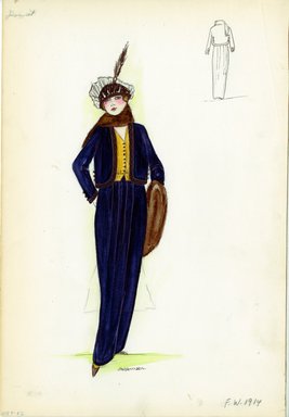 <em>"Suit, Doucet, 1914. Long midnight blue skirt with matching short box-shaped jacket; jacket trimmed in black with decorative buttons at cuffs and sides; ochre vest under jacket; dark brown fur scarf; black hat with sheer black trim and feather. (Bendel Collection, HB 009-52)"</em>, 1914. Fashion sketch, 12.25 x 8.5 in (31.1 x 21.6 cm). Brooklyn Museum, Fashion sketches. (Photo: Brooklyn Museum, SC01.1_Bendel_Collection_HB_009-52_1914_Doucet_SL5.jpg