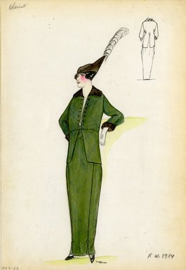 <em>"Suit, Cheruit, 1914. Long green skirt with inverted pleats at hem; matching green hip-length jacket with dark brown fur collar and cuffs; brown hat with turned up pointed brim with feather. (Bendel Collection, HB 009-53)"</em>, 1914. Fashion sketch, 12.25 x 8.5 in (31.1 x 21.6 cm). Brooklyn Museum, Fashion sketches. (Photo: Brooklyn Museum, SC01.1_Bendel_Collection_HB_009-53_1914_Cheruit_SL5.jpg