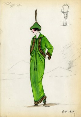 <em>"Suit, Callot Soeurs, 'Effrontee', 1914. Green long skirt with hem trimmed in brown fur; matching short green shaped jacket trimmed in brown fur; green pointed hat trimmed in brown fur with tall feather; brown high heels and green spats. (Bendel Collection, HB 009-55)"</em>, 1914. Fashion sketch, 12.25 x 8.5 in (31.1 x 21.6 cm). Brooklyn Museum, Fashion sketches. (Photo: Brooklyn Museum, SC01.1_Bendel_Collection_HB_009-55_1914_Callot_SL5.jpg