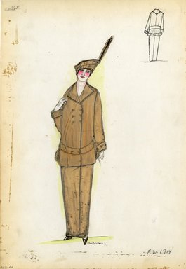 <em>"Suit, Callot Soeurs, 1914. Long tan skirt; matching double-breasted jacket with turned-up cuffs; tan hat with turned-up brim and feather. (Bendel Collection, HB 009-56)"</em>, 1914. Fashion sketch, 12.25 x 8.5 in (31.1 x 21.6 cm). Brooklyn Museum, Fashion sketches. (Photo: Brooklyn Museum, SC01.1_Bendel_Collection_HB_009-56_1914_Callot_SL5.jpg