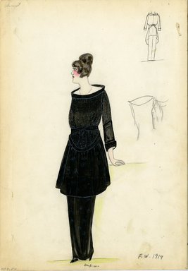 <em>"Dress, Cheruit, 1914. Long black straight skirt; black tunic with stand-up boatneck collar, 3/4 length sleeves and belt. (Bendel Collection, HB 009-57)"</em>, 1914. Fashion sketch, 12.25 x 8.5 in (31.1 x 21.6 cm). Brooklyn Museum, Fashion sketches. (Photo: Brooklyn Museum, SC01.1_Bendel_Collection_HB_009-57_1914_Cheruit_SL5.jpg