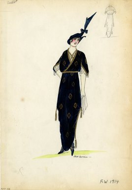 <em>"Day dress, Callot Soeurs, 1914. Long midnight blue dress with gold tassels; surplice front bodice, elbow-length sleeves ending in points with lace under sleeves; bodice and sleeves trimmed in gold; dress fabric with pattern of gold diamonds; midnight blue hat with exaggerated trim; blue high heels with gold criss-cross straps. (Bendel Collection, HB 009-58)"</em>, 1914. Fashion sketch, 12.25 x 8.5 in (31.1 x 21.6 cm). Brooklyn Museum, Fashion sketches. (Photo: Brooklyn Museum, SC01.1_Bendel_Collection_HB_009-58_1914_Callot_SL5.jpg