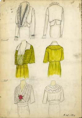 <em>"Day dresses, Primet, Callot Soeurs, 1914. Three 3/4 length designs of dresses; top design: v-neck bodice with ruffle trim; long sleeves trimmed with ruffle; middle design: chartreuse green dress with open shirt-waist bodice,  white collar, short sleeves; tiny pattern on front of bodice; bottom design: white shirt-waist bodice with v-neck and short sleeves; trimmed with white lace or embroidery; red rose on front. (Bendel Collection, HB 009-59)"</em>, 1914. Fashion sketch, 12.25 x 8.5 in (31.1 x 21.6 cm). Brooklyn Museum, Fashion sketches. (Photo: Brooklyn Museum, SC01.1_Bendel_Collection_HB_009-59_1914_SL5.jpg