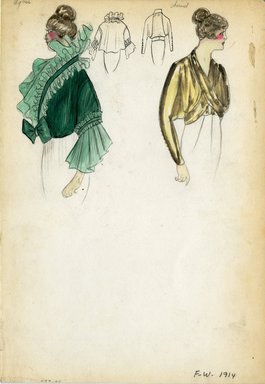 <em>"Jackets, Agnes, Cheruit, 1914. Two jacket designs; left design Agnes: green short jacket with wide ruffle collar extending down front, wide ruffles on sleeves, bow at waist; right design Cheruit: short draped brown jacket crossed in front, dolman sleeve. (Bendel Collection, HB 009-60)"</em>, 1914. Fashion sketch, 12.25 x 8.5 in (31.1 x 21.6 cm). Brooklyn Museum, Fashion sketches. (Photo: Brooklyn Museum, SC01.1_Bendel_Collection_HB_009-60_1914_SL5.jpg