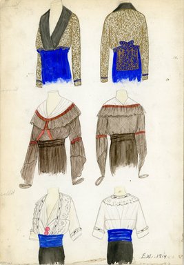 <em>"Day dresses, Doucet, Callot Soeurs, 1914. Three 3/4 length designs of dresses; top design Doucet: blue skirt, high waist; low v-neck bodice in gold net or lace, wide grey shawl collar; ties in back with extended net or lace panel; middle design Callot Soeurs: brown blouse with bertha collar, white insert at neck, full sleeves, trimmed with orange ribbon; brown skirt; bottom design: white bodice, embroidered collar; wide blue waist sash; black skirt. (Bendel Collection, HB 009-61)"</em>, 1914. Fashion sketch, 12.25 x 8.5 in (31.1 x 21.6 cm). Brooklyn Museum, Fashion sketches. (Photo: Brooklyn Museum, SC01.1_Bendel_Collection_HB_009-61_1914_SL5.jpg