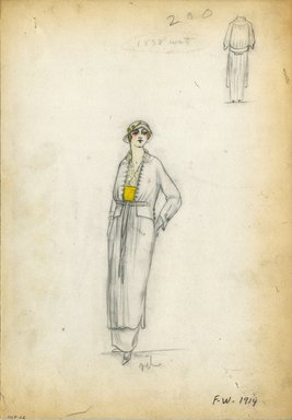 <em>"Coat, 1914. Long coat, open front with decorative buttons, waist ties; lace or embroidered blouse; yellow band; small hat. (Bendel Collection, HB 009-62)"</em>, 1914. Fashion sketch, 12.25 x 8.5 in (31.1 x 21.6 cm). Brooklyn Museum, Fashion sketches. (Photo: Brooklyn Museum, SC01.1_Bendel_Collection_HB_009-62_1914_SL5.jpg