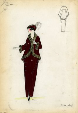 <em>"Suit, 1914. Long brown wrap skirt, 3 buttons on side; matching short brown jacket, fur trim; brown hat with fur trim. (Bendel Collection, HB 009-63)"</em>, 1914. Fashion sketch, 12.25 x 8.5 in (31.1 x 21.6 cm). Brooklyn Museum, Fashion sketches. (Photo: Brooklyn Museum, SC01.1_Bendel_Collection_HB_009-63_1914_SL5.jpg