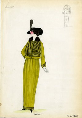 <em>"Suit, Primet, 1914. Long chartreuse green dress; short matching chartreuse green jacket with muliple rows of black bands on front and on sleeves, dark brown fur collar; black hat with wide brim and feather. (Bendel Collection, HB 009-64)"</em>, 1914. Fashion sketch, 12.25 x 8.5 in (31.1 x 21.6 cm). Brooklyn Museum, Fashion sketches. (Photo: Brooklyn Museum, SC01.1_Bendel_Collection_HB_009-64_1914_SL5.jpg