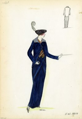 <em>"Suit, Callot Soeurs, 1914. Long blue pleated skirt; matching blue cut-away jacket, single button closure, long sleeves with 3 buttons, grey collar; blue hat with turned up brim, grey feather; black high heels, white spats. (Bendel Collection, HB 009-65)"</em>, 1914. Fashion sketch, 12.25 x 8.5 in (31.1 x 21.6 cm). Brooklyn Museum, Fashion sketches. (Photo: Brooklyn Museum, SC01.1_Bendel_Collection_HB_009-65_1914_Callot_SL5.jpg