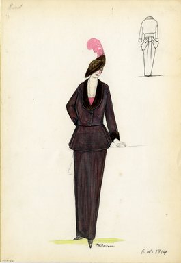 <em>"Suit, Primet, Fall Winter 1914. Brown long skirt; matching short brown jacket with apron tied in back; pink slip; brown hat, pink feather. (Bendel Collection, HB 009-66)"</em>, 1914. Fashion sketch, 12.25 x 8.5 in (31.1 x 21.6 cm). Brooklyn Museum, Fashion sketches. (Photo: Brooklyn Museum, SC01.1_Bendel_Collection_HB_009-66_1914_Primet_SL5.jpg