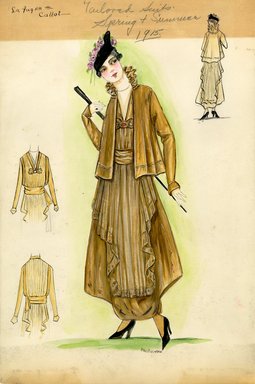 <em>"Suit, Callot Soeurs, 'La Fugen', 1915. Brown suit with hip length coat and standing ruffle collar; tapered ankle skirt; sash around waist; bow embellishment on bodice; black hat with pink flower decoration; black cane. (Henri Bendel Collection, HB 010-01)"</em>, 1915. Fashion sketch, 12.25 x 8.5 in (31.1 x 21.6 cm). Brooklyn Museum, Fashion sketches. (Photo: Brooklyn Museum, SC01.1_Bendel_Collection_HB_010-01_1915_Callot_SL5.jpg