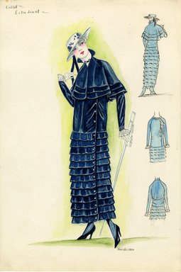 <em>"Suit, Callot Soeurs, 'Estudiant', 1915. Dark blue suit with tiered cape; ruffled ankle length skirt; sheer lace ruffles on bodice and sleeves; white hat with blue flowers; white cane. (Henri Bendel Collection, HB 010-03)"</em>, 1915. Fashion sketch, 12.25 x 8.5 in (31.1 x 21.6 cm). Brooklyn Museum, Fashion sketches. (Photo: Brooklyn Museum, SC01.1_Bendel_Collection_HB_010-03_1915_Callot_SL5.jpg