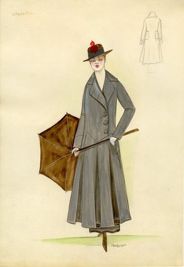 <em>"Suit, Chéruit, 1915. Gray suit with ankle length coat; double-breasted with three large buttons, box pleats on bottom half of skirt; brown riding hat with black band and red decoration; brown umbrella. (Henri Bendel Collection, HB 010-04)"</em>, 1915. Fashion sketch, 12.25 x 8.5 in (31.1 x 21.6 cm). Brooklyn Museum, Fashion sketches. (Photo: Brooklyn Museum, SC01.1_Bendel_Collection_HB_010-04_1915_Cheruit_SL5.jpg