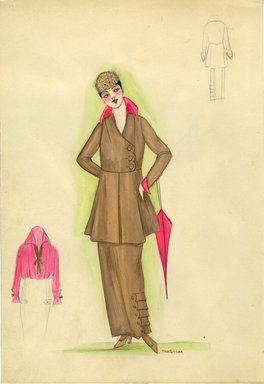 <em>"Suit, 1915. Light brown suit with hip length coat and ankle length skirt; silk pink blouse with tan tie around the neck; double-breasted coat with three large button closure; peplum waist; light brown cap and pink parasol. (Henri Bendel Collection, HB 010-05)"</em>, 1915. Fashion sketch, 12.25 x 8.5 in (31.1 x 21.6 cm). Brooklyn Museum, Fashion sketches. (Photo: Brooklyn Museum, SC01.1_Bendel_Collection_HB_010-05_1915_SL5.jpg