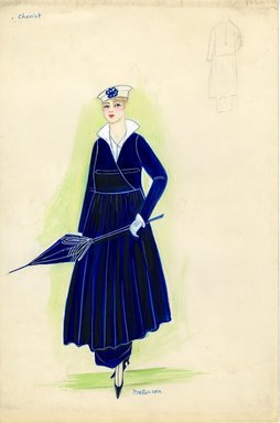 <em>"Suit, Chéruit, 1915. Royal blue suit with calf length coat and white accents on collar and sleeves; ankle length straight skirt; white blouse; full skirt draped from natural waist of coat; white sailor cap with blue flower decoration; blue parasol. (Henri Bendel Collection, HB 010-06)"</em>, 1915. Fashion sketch, 12.25 x 8.5 in (31.1 x 21.6 cm). Brooklyn Museum, Fashion sketches. (Photo: Brooklyn Museum, SC01.1_Bendel_Collection_HB_010-06_1915_Cheruit_SL5.jpg