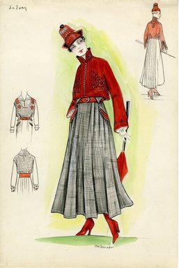 <em>"Suit, Lucien Lelong, 1915. Suit with red oriental coat and pleated gray tweed skirt; mandarin collar; embroidery on jacket; bell sleeves; belted skirt; pockets with red accents on skirt; white blouse under tweed bodice; oriental style hat; red parasol. (Henri Bendel Collection, HB 010-07)"</em>, 1915. Fashion sketch, 12.25 x 8.5 in (31.1 x 21.6 cm). Brooklyn Museum, Fashion sketches. (Photo: Brooklyn Museum, SC01.1_Bendel_Collection_HB_010-07_1915_Lelong_SL5.jpg