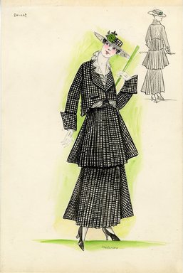 <em>"Suit, Doucet, 1915. Black and white checkered suit with waist length coat and tierred skirt; skirt consists of smaller accordian pleats with larger pleats on the sides; white blouse with eyelet trim; large hat with green flower decoration; green cane. (Henri Bendel Collection, HB 010-08)"</em>, 1915. Fashion sketch, 12.25 x 8.5 in (31.1 x 21.6 cm). Brooklyn Museum, Fashion sketches. (Photo: Brooklyn Museum, SC01.1_Bendel_Collection_HB_010-08_1915_Doucet_SL5.jpg
