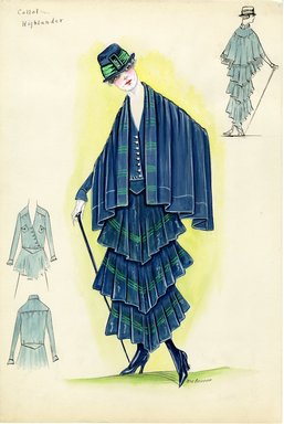 <em>"Suit, Callot Soeurs, 'Highlander', 1915. Suit with shawl and tierred skirt; blue with green stripes; diagonal button closure on bodice with two breast pockets; skirt consists of three tapered, pleated tiers; blue hat with green sash and buckle; blue cane. (Henri Bendel Collection, HB 010-09)"</em>, 1915. Fashion sketch, 12.25 x 8.5 in (31.1 x 21.6 cm). Brooklyn Museum, Fashion sketches. (Photo: Brooklyn Museum, SC01.1_Bendel_Collection_HB_010-09_1915_Callot_SL5.jpg