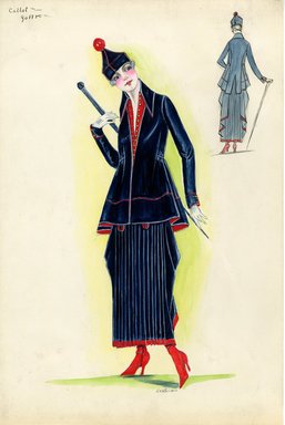 <em>"Suit, Callot Soeurs, 'Joffre', 1915. Dark blue suit with red accents; military-esque jacket, cinched at the waist with high collar and small gold buttons; accordian pleats on skirt with draped side panels; hat with red ball decoration; blue cane. (Henri Bendel Collection, HB 010-10)"</em>, 1915. Fashion sketch, 12.25 x 8.5 in (31.1 x 21.6 cm). Brooklyn Museum, Fashion sketches. (Photo: Brooklyn Museum, SC01.1_Bendel_Collection_HB_010-10_1915_Callot_SL5.jpg